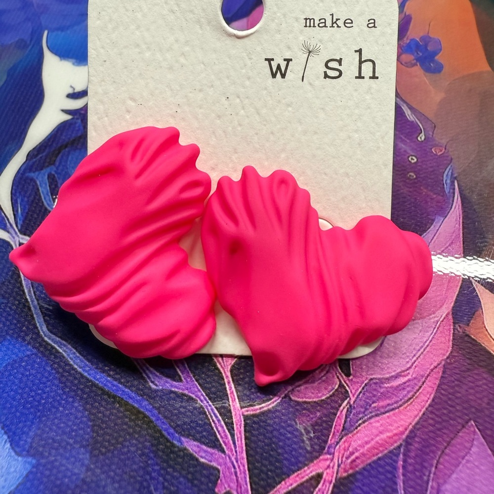Chunky Pink Heart-Shaped Earrings with Ruffled Design, Bold Statement NEW